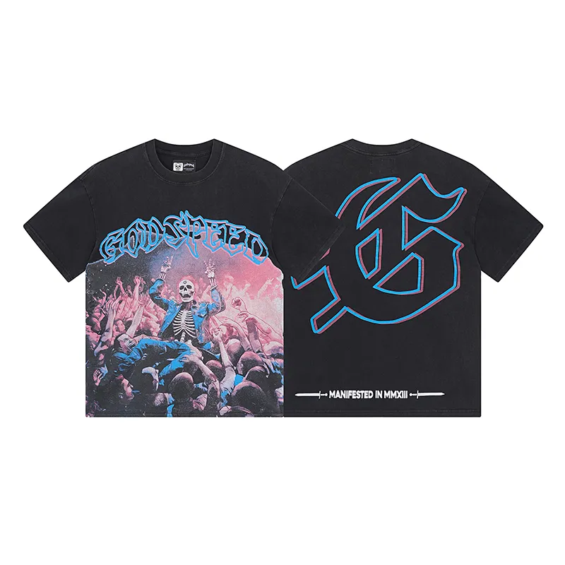 1075# P126 Washed Black Real Shot Godspeed American Fashion Rock Street Retro Washed Distressed Printed Cotton Short Sleeves Fabric: 250g 32 Count Fine Cotton Double Yarn Pure Cotton Color: Washed Black Size: S M L XL