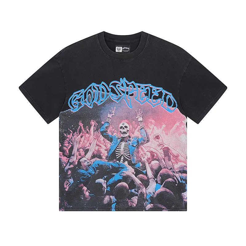 1075# P126 Washed Black Real Shot Godspeed American Fashion Rock Street Retro Washed Distressed Printed Cotton Short Sleeves Fabric: 250g 32 Count Fine Cotton Double Yarn Pure Cotton Color: Washed Black Size: S M L XL