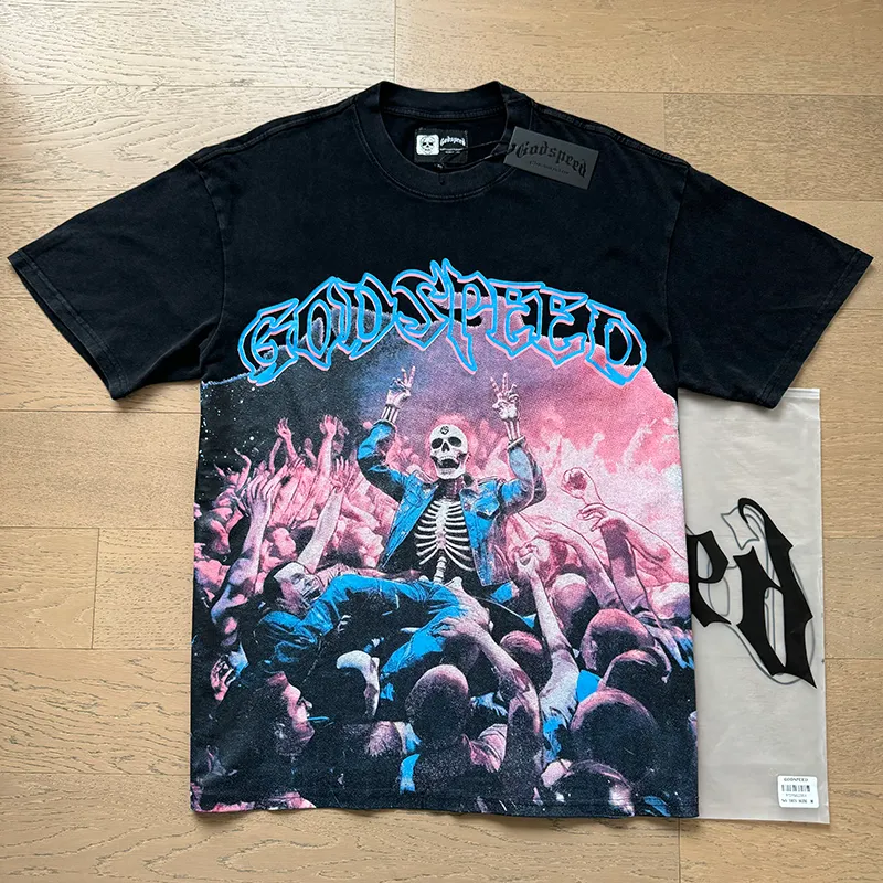 1075# P126 Washed Black Real Shot Godspeed American Fashion Rock Street Retro Washed Distressed Printed Cotton Short Sleeves Fabric: 250g 32 Count Fine Cotton Double Yarn Pure Cotton Color: Washed Black Size: S M L XL