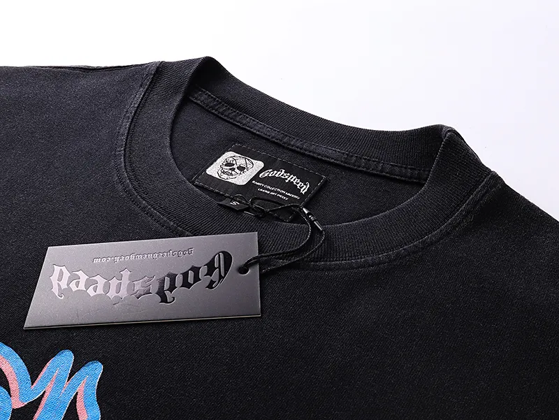 1075# P126 Washed Black Real Shot Godspeed American Fashion Rock Street Retro Washed Distressed Printed Cotton Short Sleeves Fabric: 250g 32 Count Fine Cotton Double Yarn Pure Cotton Color: Washed Black Size: S M L XL