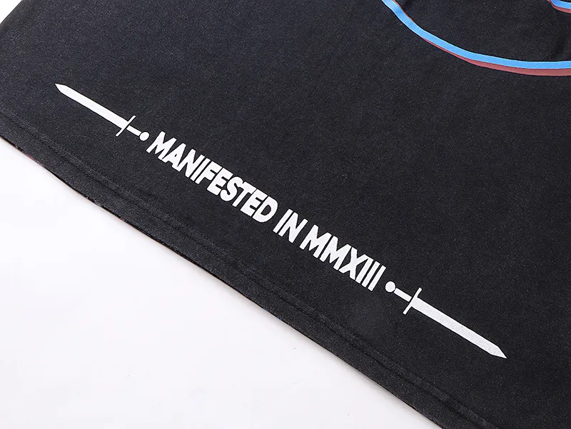 1075# P126 Washed Black Real Shot Godspeed American Fashion Rock Street Retro Washed Distressed Printed Cotton Short Sleeves Fabric: 250g 32 Count Fine Cotton Double Yarn Pure Cotton Color: Washed Black Size: S M L XL