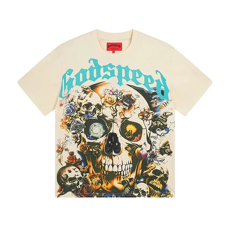 3001# P110 Real shot Godspeed American fashion rock street retro loose printed cotton short sleeves Fabric: 240g 32 count fine cotton double yarn pure cotton Color: apricot Size: S M L XL