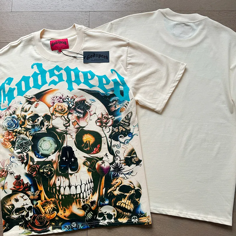 3001# P110 Real shot Godspeed American fashion rock street retro loose printed cotton short sleeves Fabric: 240g 32 count fine cotton double yarn pure cotton Color: apricot Size: S M L XL