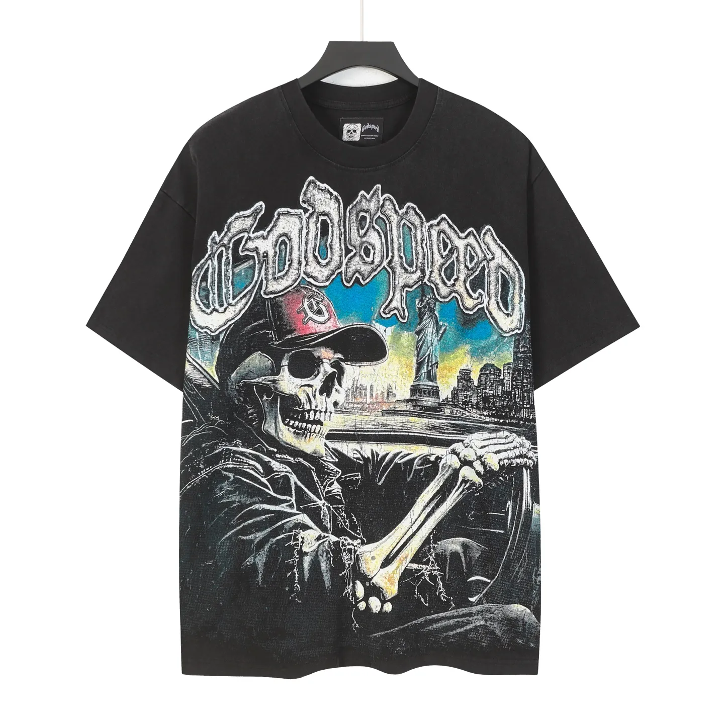 6093# Washed black I P116 High-definition printing. Soft touch Godspeed Cross-border American rock and roll street washed retro style Short-sleeved T (craft printing) Fabric (fabric): 32 counts combed double yarn 250 grams weight Size (size): S-M-L-XL Color (colour): Washed black 👉 👉 👉 👉