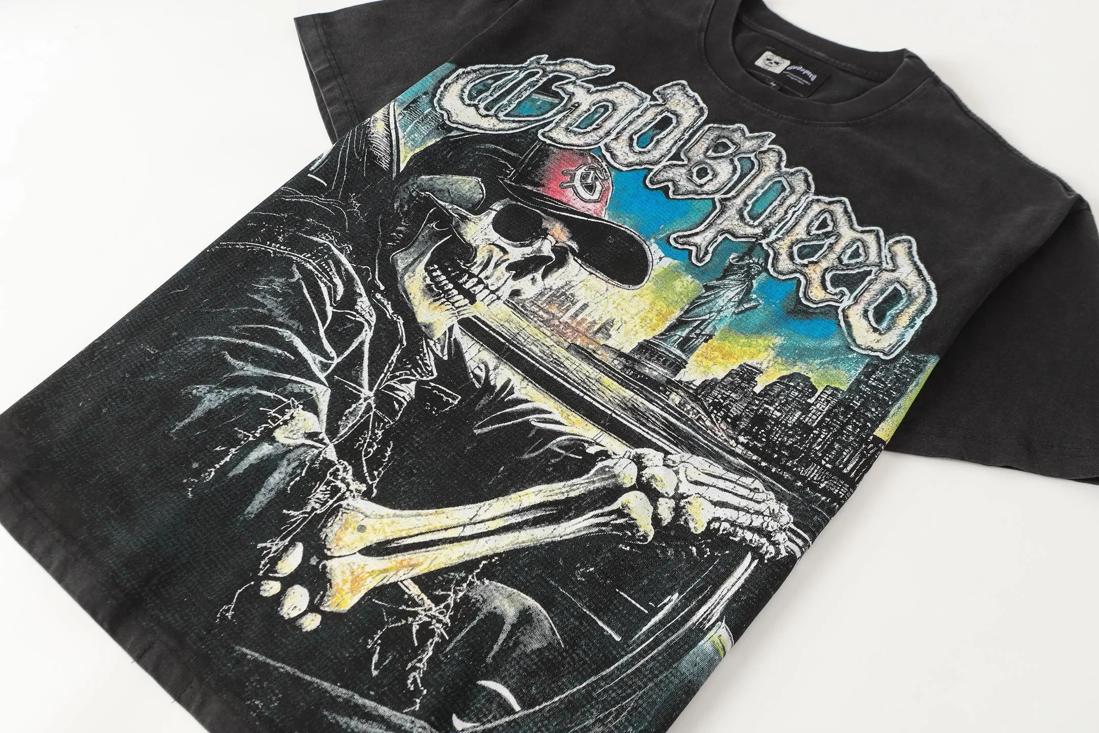 6093# Washed black I P116 High-definition printing. Soft touch Godspeed Cross-border American rock and roll street washed retro style Short-sleeved T (craft printing) Fabric (fabric): 32 counts combed double yarn 250 grams weight Size (size): S-M-L-XL Color (colour): Washed black 👉 👉 👉 👉