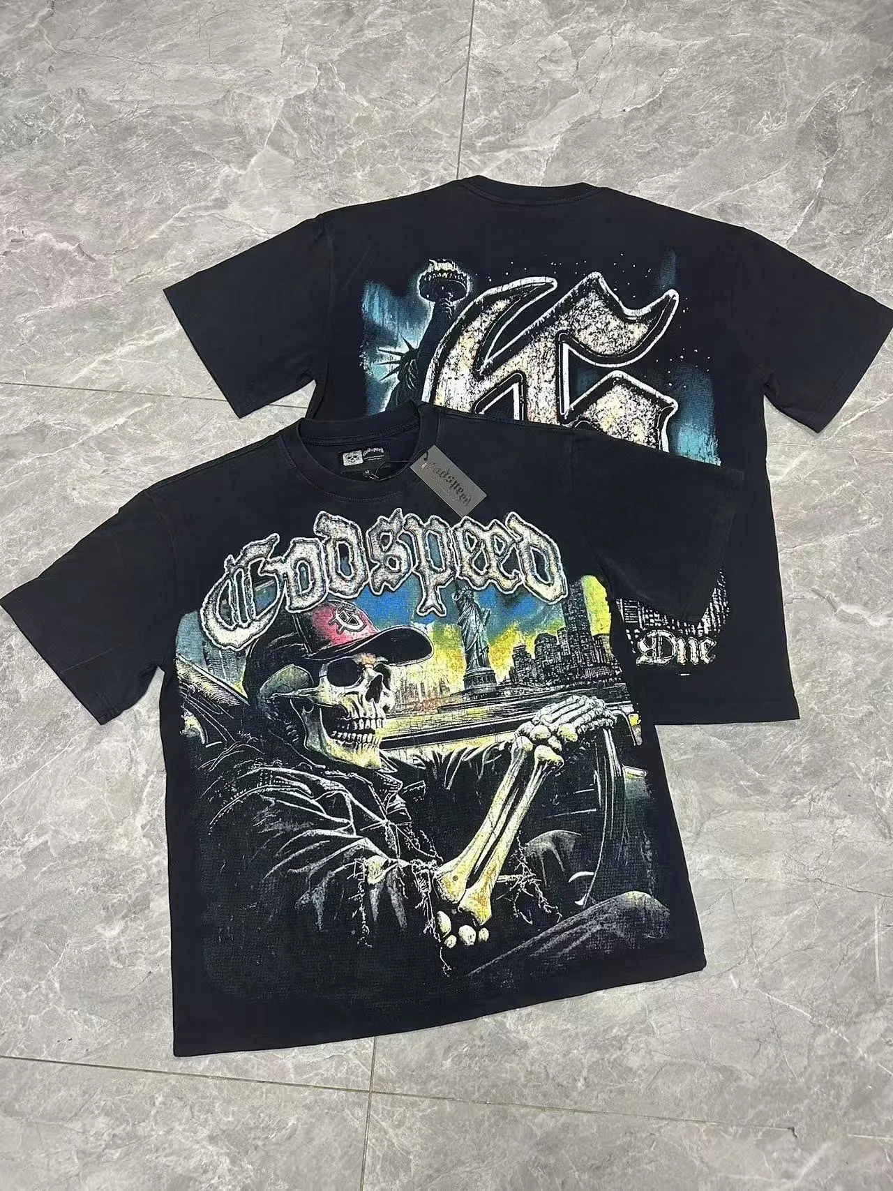 6093# Washed black I P116 High-definition printing. Soft touch Godspeed Cross-border American rock and roll street washed retro style Short-sleeved T (craft printing) Fabric (fabric): 32 counts combed double yarn 250 grams weight Size (size): S-M-L-XL Color (colour): Washed black 👉 👉 👉 👉