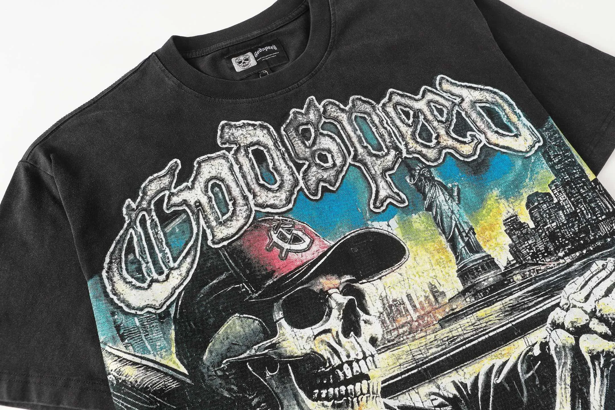6093# Washed black I P116 High-definition printing. Soft touch Godspeed Cross-border American rock and roll street washed retro style Short-sleeved T (craft printing) Fabric (fabric): 32 counts combed double yarn 250 grams weight Size (size): S-M-L-XL Color (colour): Washed black 👉 👉 👉 👉