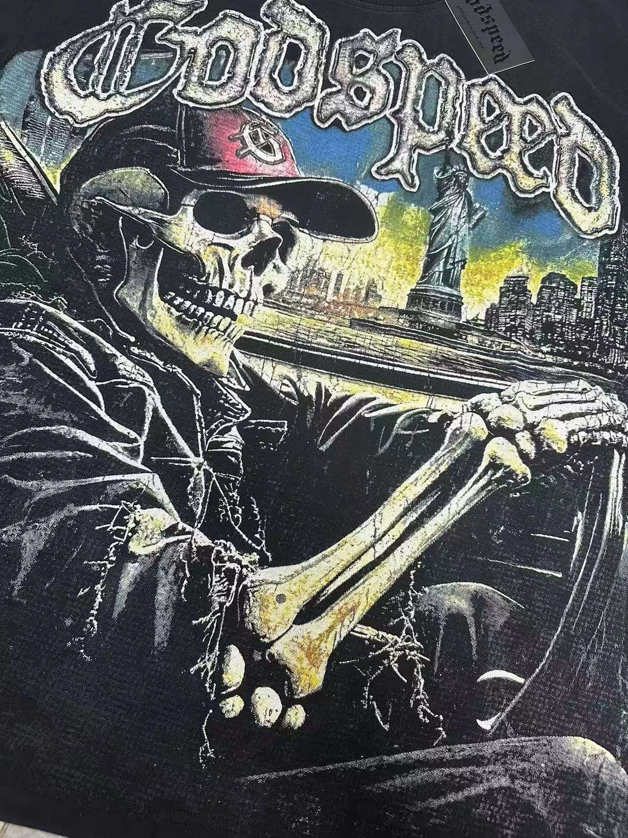 6093# Washed black I P116 High-definition printing. Soft touch Godspeed Cross-border American rock and roll street washed retro style Short-sleeved T (craft printing) Fabric (fabric): 32 counts combed double yarn 250 grams weight Size (size): S-M-L-XL Color (colour): Washed black 👉 👉 👉 👉