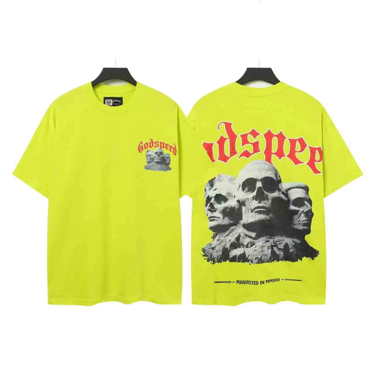 5033# Fluorescent Green｜P104 Godspeed cross-border American rock and roll street washed retro style short-sleeved T (craft printing) fabric (fabric) 32-count combed double yarn 240 grams weight code number (size): S-M-L-XL color (colour): fluorescent green