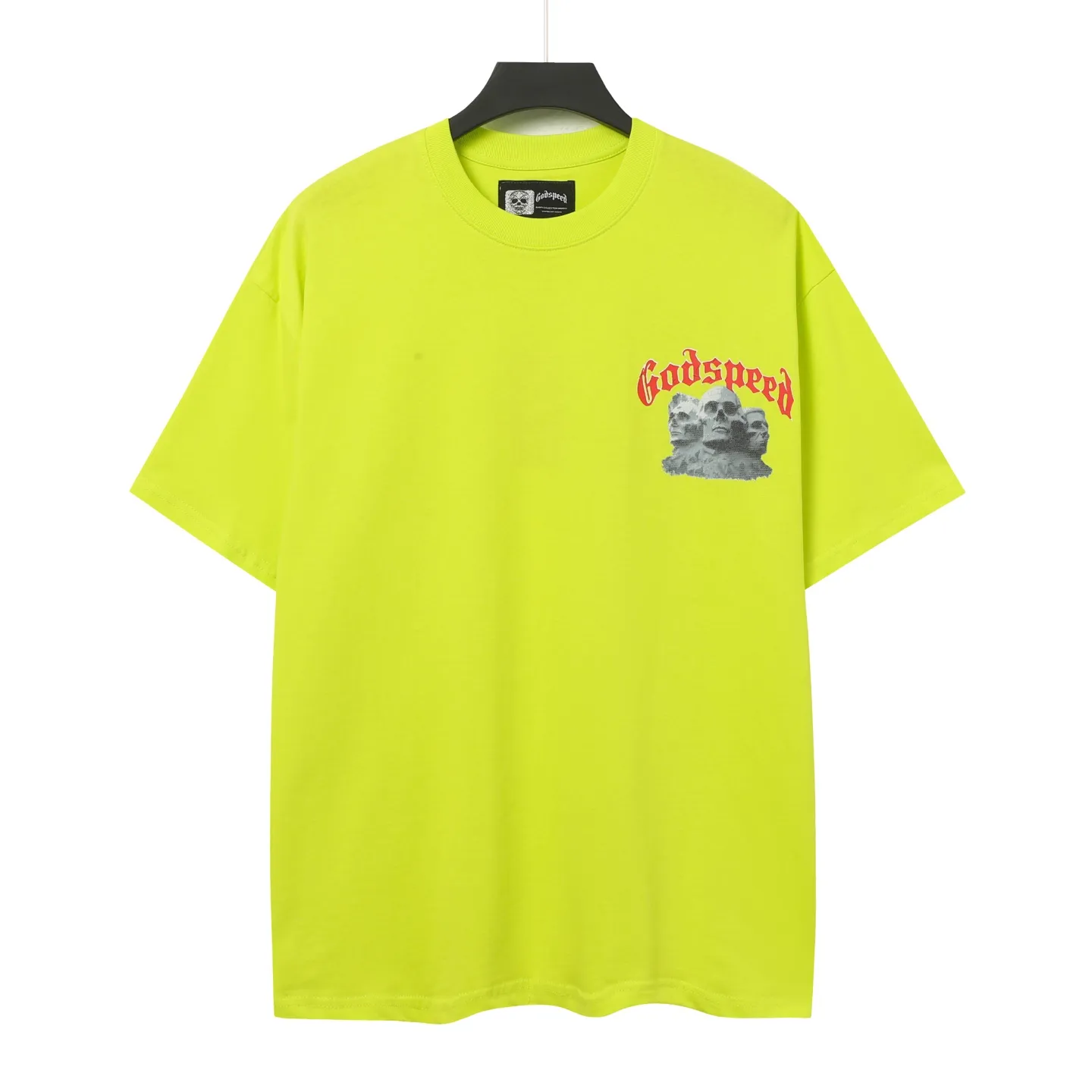 5033# Fluorescent Green｜P104 Godspeed cross-border American rock and roll street washed retro style short-sleeved T (craft printing) fabric (fabric) 32-count combed double yarn 240 grams weight code number (size): S-M-L-XL color (colour): fluorescent green