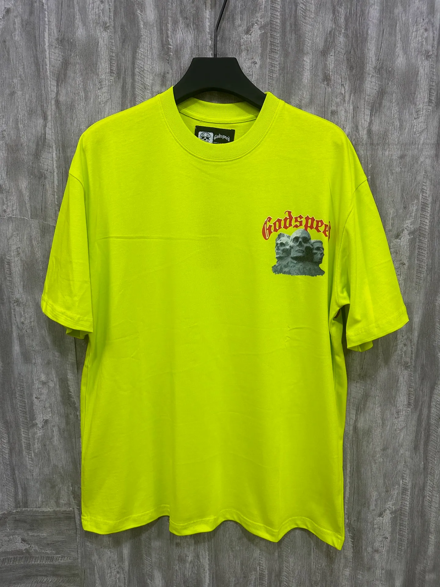 5033# Fluorescent Green｜P104 Godspeed cross-border American rock and roll street washed retro style short-sleeved T (craft printing) fabric (fabric) 32-count combed double yarn 240 grams weight code number (size): S-M-L-XL color (colour): fluorescent green