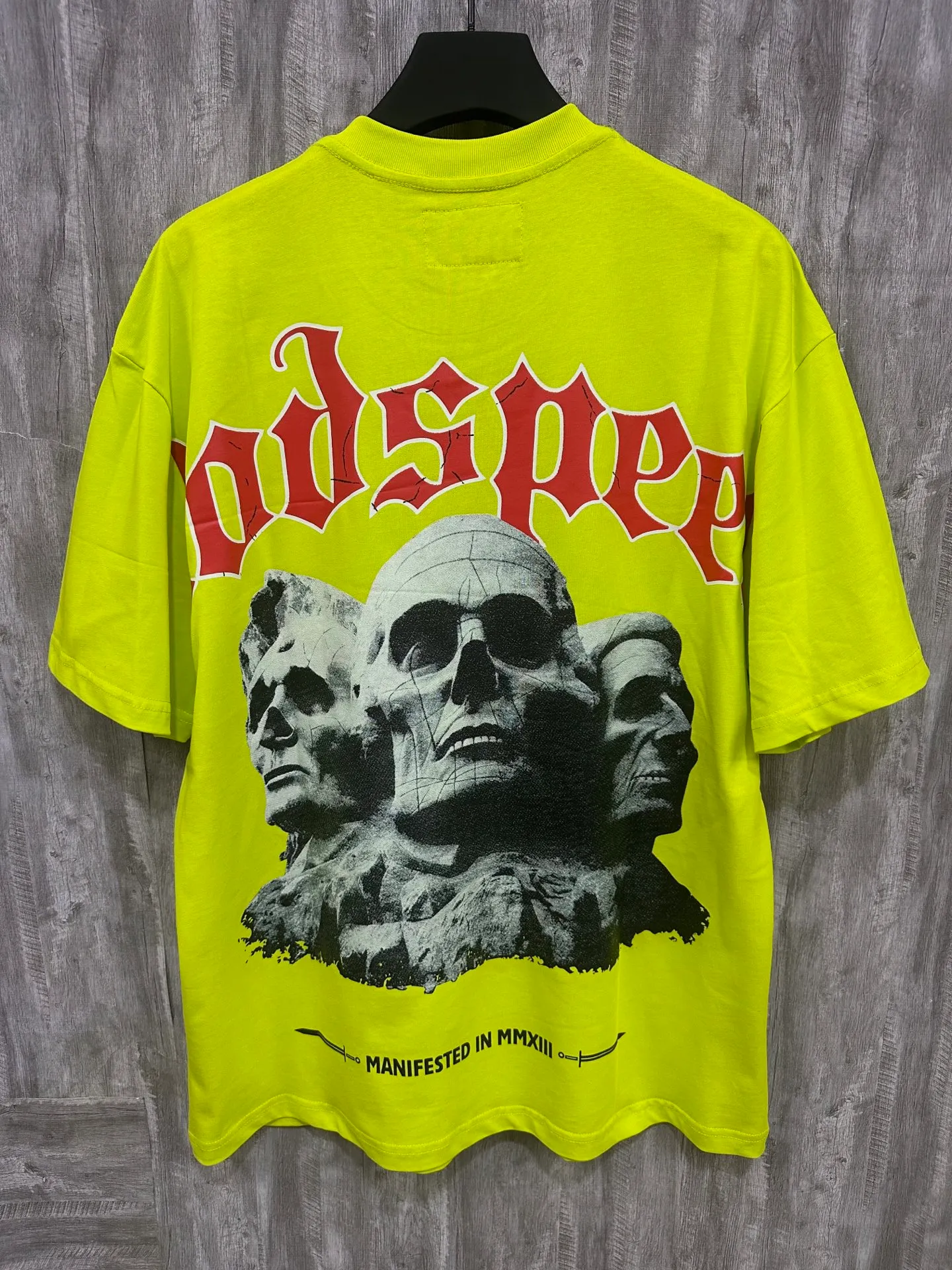 5033# Fluorescent Green｜P104 Godspeed cross-border American rock and roll street washed retro style short-sleeved T (craft printing) fabric (fabric) 32-count combed double yarn 240 grams weight code number (size): S-M-L-XL color (colour): fluorescent green