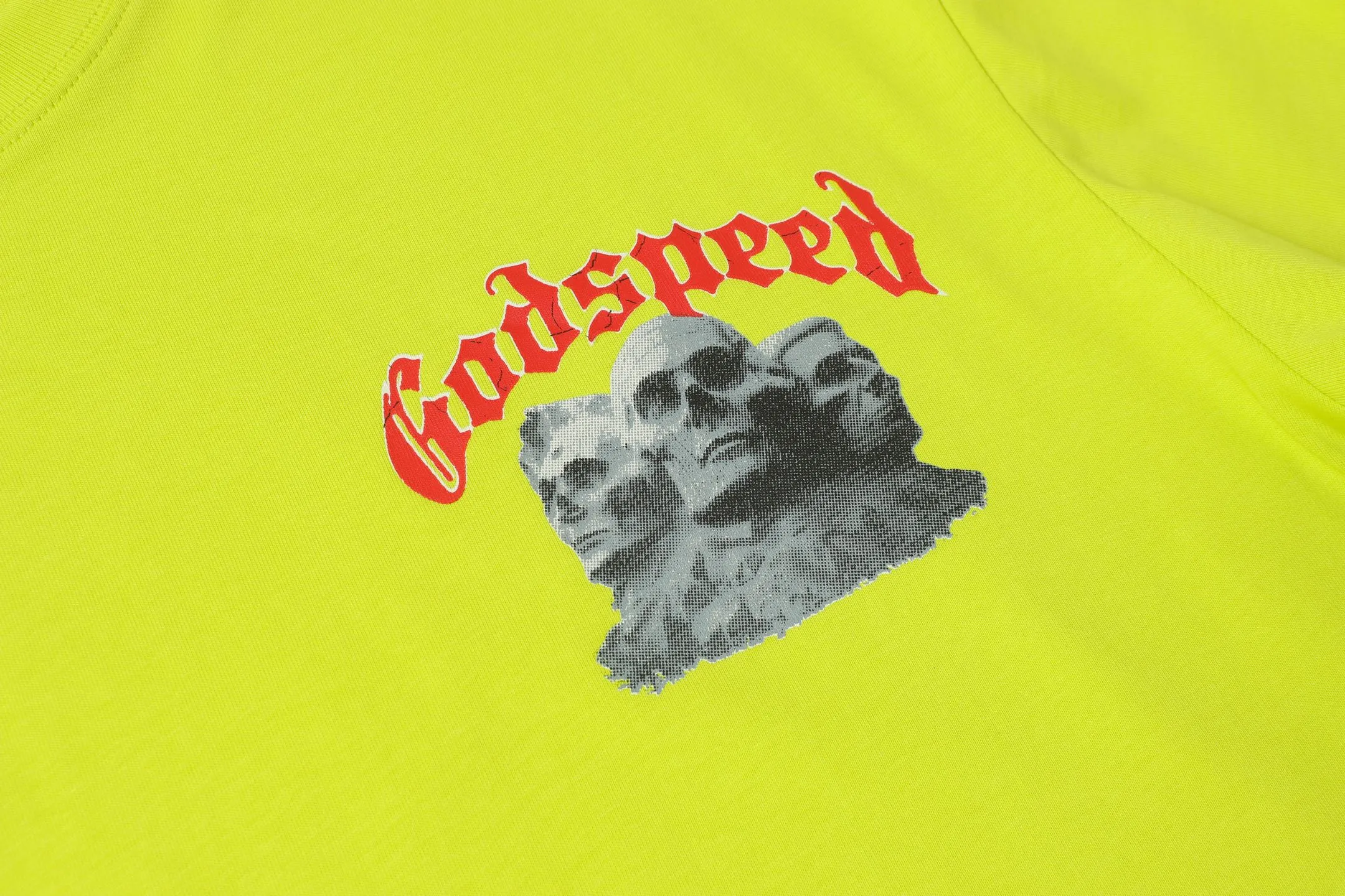 5033# Fluorescent Green｜P104 Godspeed cross-border American rock and roll street washed retro style short-sleeved T (craft printing) fabric (fabric) 32-count combed double yarn 240 grams weight code number (size): S-M-L-XL color (colour): fluorescent green
