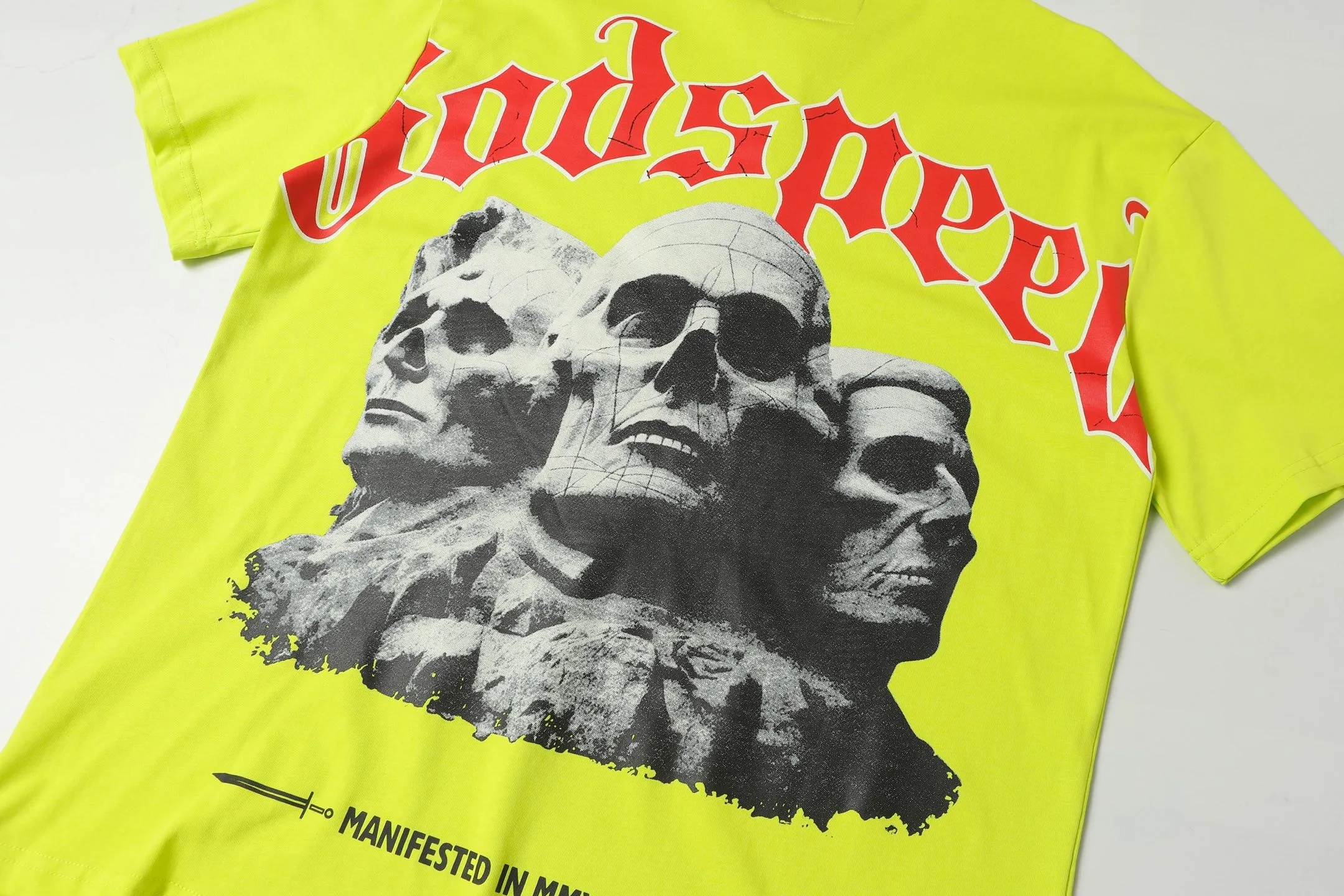 5033# Fluorescent Green｜P104 Godspeed cross-border American rock and roll street washed retro style short-sleeved T (craft printing) fabric (fabric) 32-count combed double yarn 240 grams weight code number (size): S-M-L-XL color (colour): fluorescent green