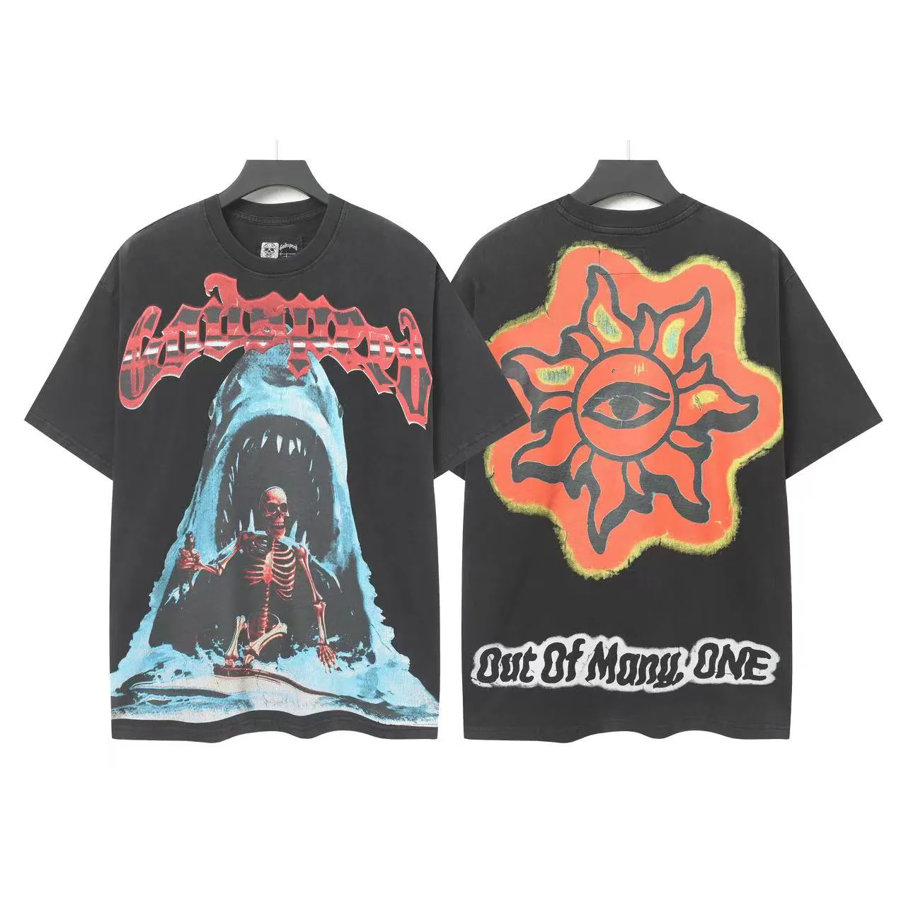 6025# washed black｜P116 Godspeed cross-border American rock and roll street washed retro style short-sleeved T (craft printing) fabric (fabric): 32 count combed double yarn 250 grams weight code (size): S-M-L-XL color (colour): washed black 👉