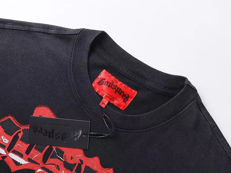 6025# washed black｜P116 Godspeed cross-border American rock and roll street washed retro style short-sleeved T (craft printing) fabric (fabric): 32 count combed double yarn 250 grams weight code (size): S-M-L-XL color (colour): washed black 👉