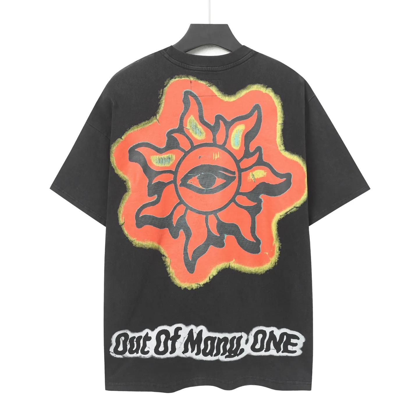 6025# washed black｜P116 Godspeed cross-border American rock and roll street washed retro style short-sleeved T (craft printing) fabric (fabric): 32 count combed double yarn 250 grams weight code (size): S-M-L-XL color (colour): washed black 👉