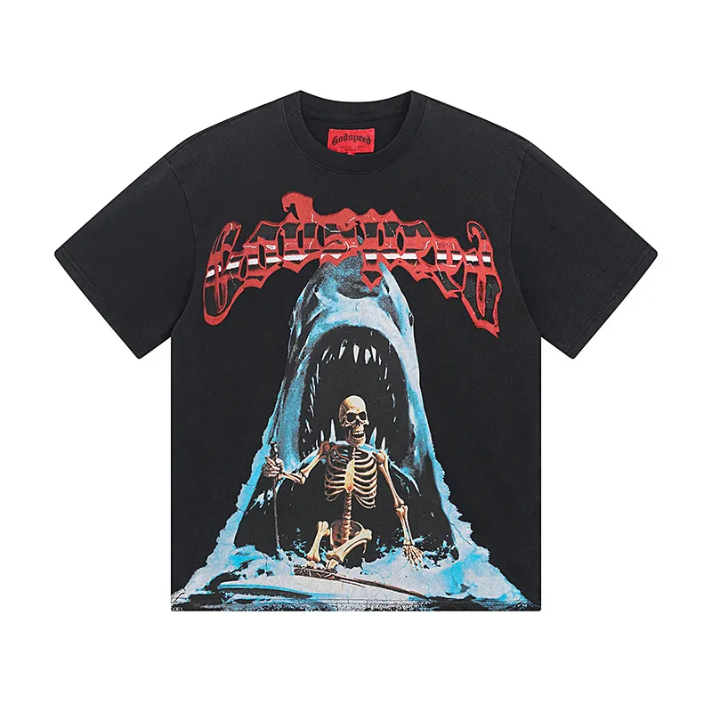 6025# washed black｜P116 Godspeed cross-border American rock and roll street washed retro style short-sleeved T (craft printing) fabric (fabric): 32 count combed double yarn 250 grams weight code (size): S-M-L-XL color (colour): washed black 👉