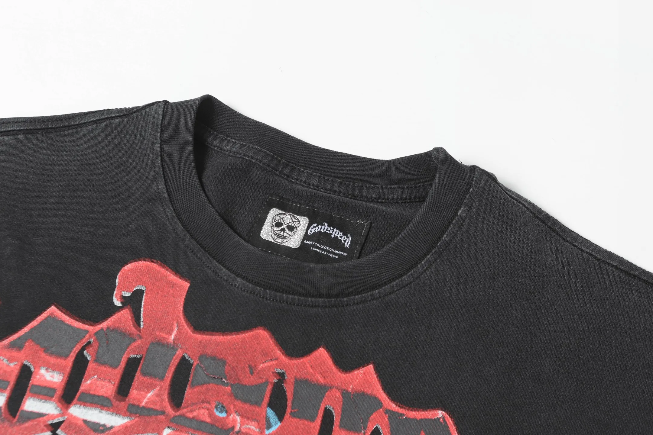 6025# washed black｜P116 Godspeed cross-border American rock and roll street washed retro style short-sleeved T (craft printing) fabric (fabric): 32 count combed double yarn 250 grams weight code (size): S-M-L-XL color (colour): washed black 👉