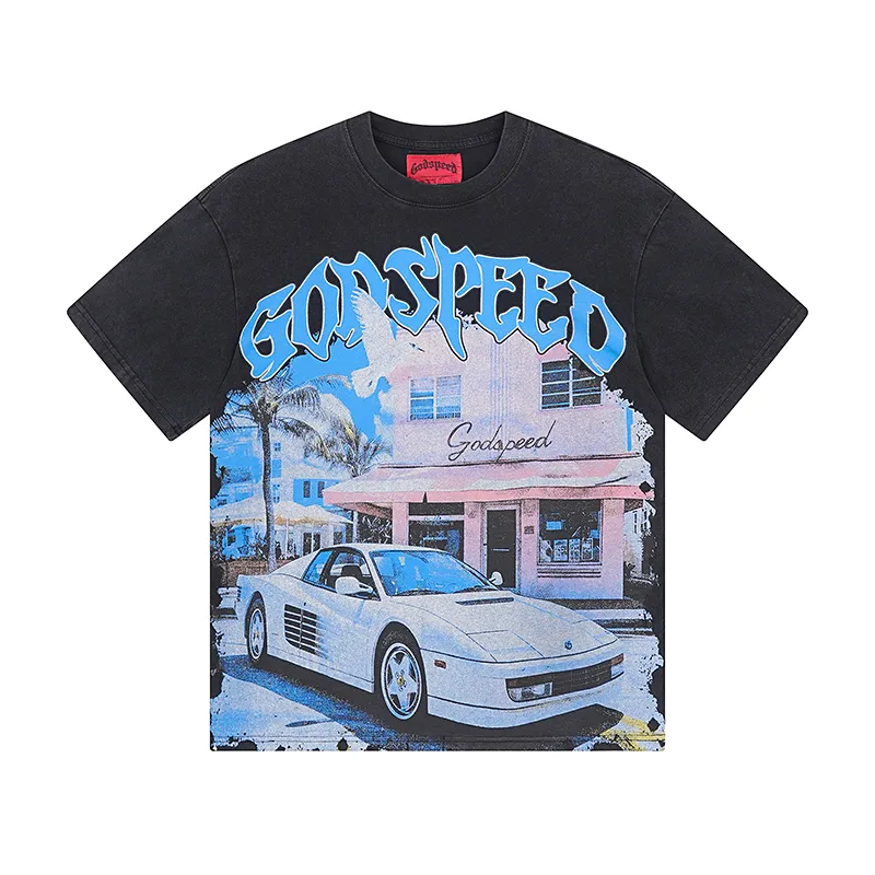 1070# P126 Washed Black Real Shot Godspeed American Fashion Rock Street Retro Washed Distressed Printed Cotton Short Sleeves Fabric: 250g 32 Count Fine Cotton Double Yarn Pure Cotton Color: Washed Black Size: S M L XL