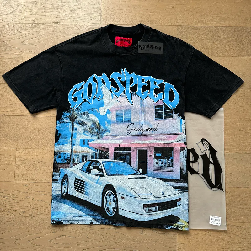 1070# P126 Washed Black Real Shot Godspeed American Fashion Rock Street Retro Washed Distressed Printed Cotton Short Sleeves Fabric: 250g 32 Count Fine Cotton Double Yarn Pure Cotton Color: Washed Black Size: S M L XL