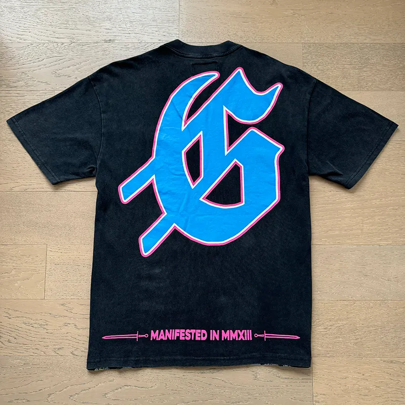 1070# P126 Washed Black Real Shot Godspeed American Fashion Rock Street Retro Washed Distressed Printed Cotton Short Sleeves Fabric: 250g 32 Count Fine Cotton Double Yarn Pure Cotton Color: Washed Black Size: S M L XL