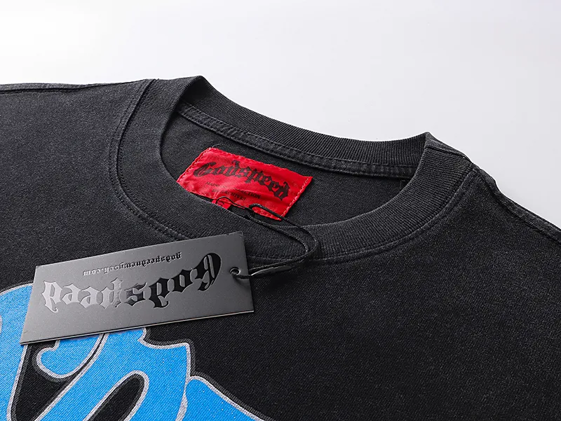 1070# P126 Washed Black Real Shot Godspeed American Fashion Rock Street Retro Washed Distressed Printed Cotton Short Sleeves Fabric: 250g 32 Count Fine Cotton Double Yarn Pure Cotton Color: Washed Black Size: S M L XL