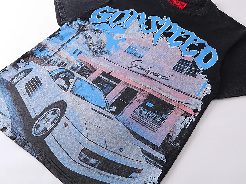 1070# P126 Washed Black Real Shot Godspeed American Fashion Rock Street Retro Washed Distressed Printed Cotton Short Sleeves Fabric: 250g 32 Count Fine Cotton Double Yarn Pure Cotton Color: Washed Black Size: S M L XL