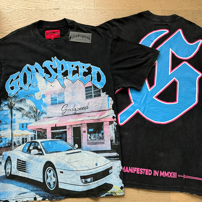 1070# P126 Washed Black Real Shot Godspeed American Fashion Rock Street Retro Washed Distressed Printed Cotton Short Sleeves Fabric: 250g 32 Count Fine Cotton Double Yarn Pure Cotton Color: Washed Black Size: S M L XL