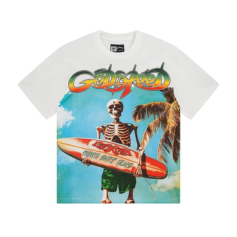 3117# P106 Real shot Godspeed American fashion rock street retro loose printed cotton short sleeves Fabric: 240g 32 count fine cotton double yarn pure cotton Color: off-white Size: S M L XL