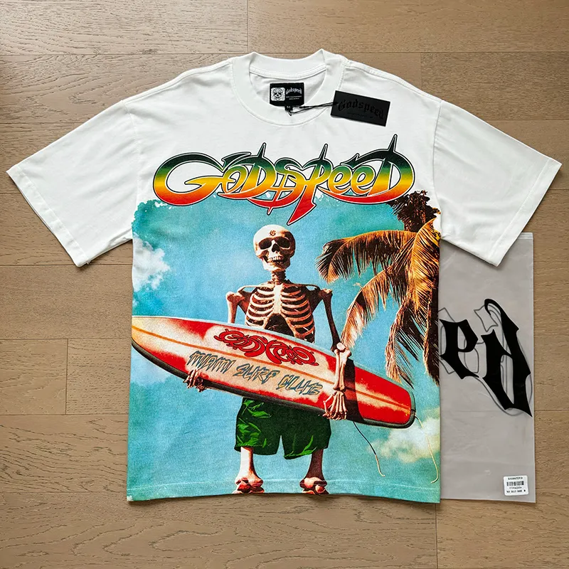 3117# P106 Real shot Godspeed American fashion rock street retro loose printed cotton short sleeves Fabric: 240g 32 count fine cotton double yarn pure cotton Color: off-white Size: S M L XL