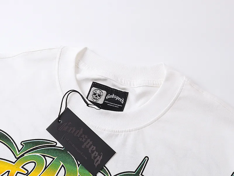 3117# P106 Real shot Godspeed American fashion rock street retro loose printed cotton short sleeves Fabric: 240g 32 count fine cotton double yarn pure cotton Color: off-white Size: S M L XL