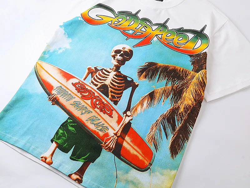 3117# P106 Real shot Godspeed American fashion rock street retro loose printed cotton short sleeves Fabric: 240g 32 count fine cotton double yarn pure cotton Color: off-white Size: S M L XL