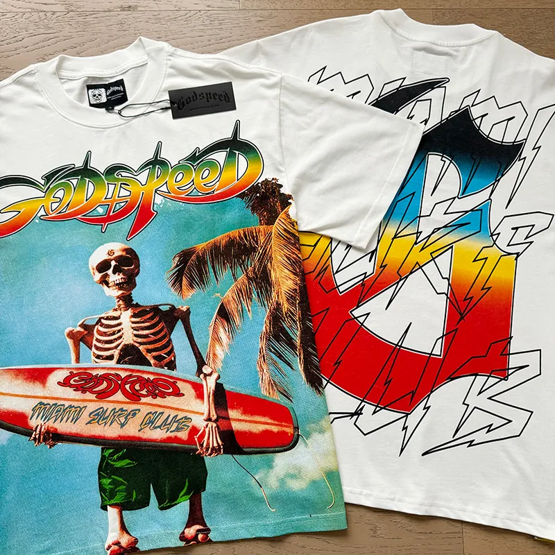 3117# P106 Real shot Godspeed American fashion rock street retro loose printed cotton short sleeves Fabric: 240g 32 count fine cotton double yarn pure cotton Color: off-white Size: S M L XL