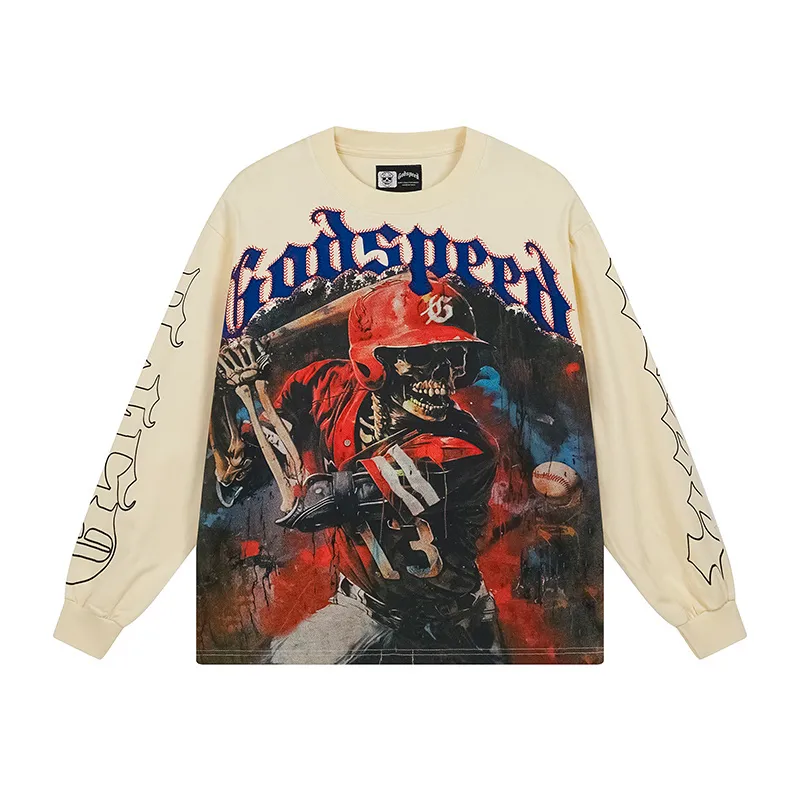 3159# P140 Real shot of Godspeed American fashion rock street pure cotton loose bottoming long-sleeved T-shirt long T. Fabric: 270g 32 count fine cotton double yarn pure cotton Color: Apricot Code number: S M L XL
