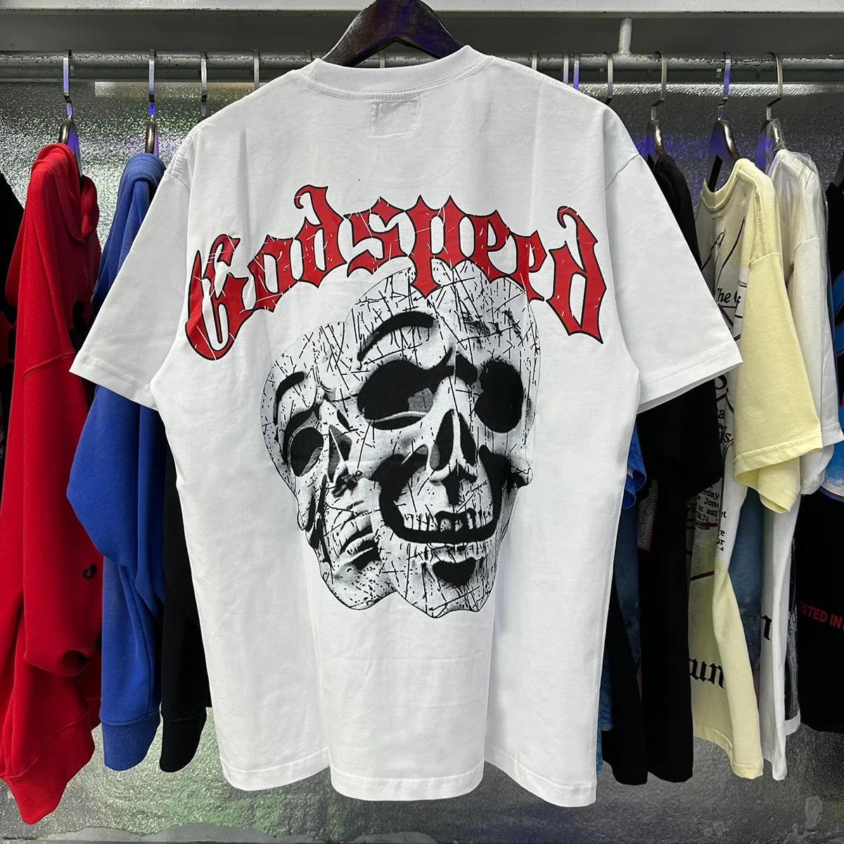 Actual photo, No. 7071, Mechao Godspeed double-sided skull face print high-quality double yarn pure cotton casual short-sleeved T-shirt batch 110 Color: black, white; Size: S M L XL