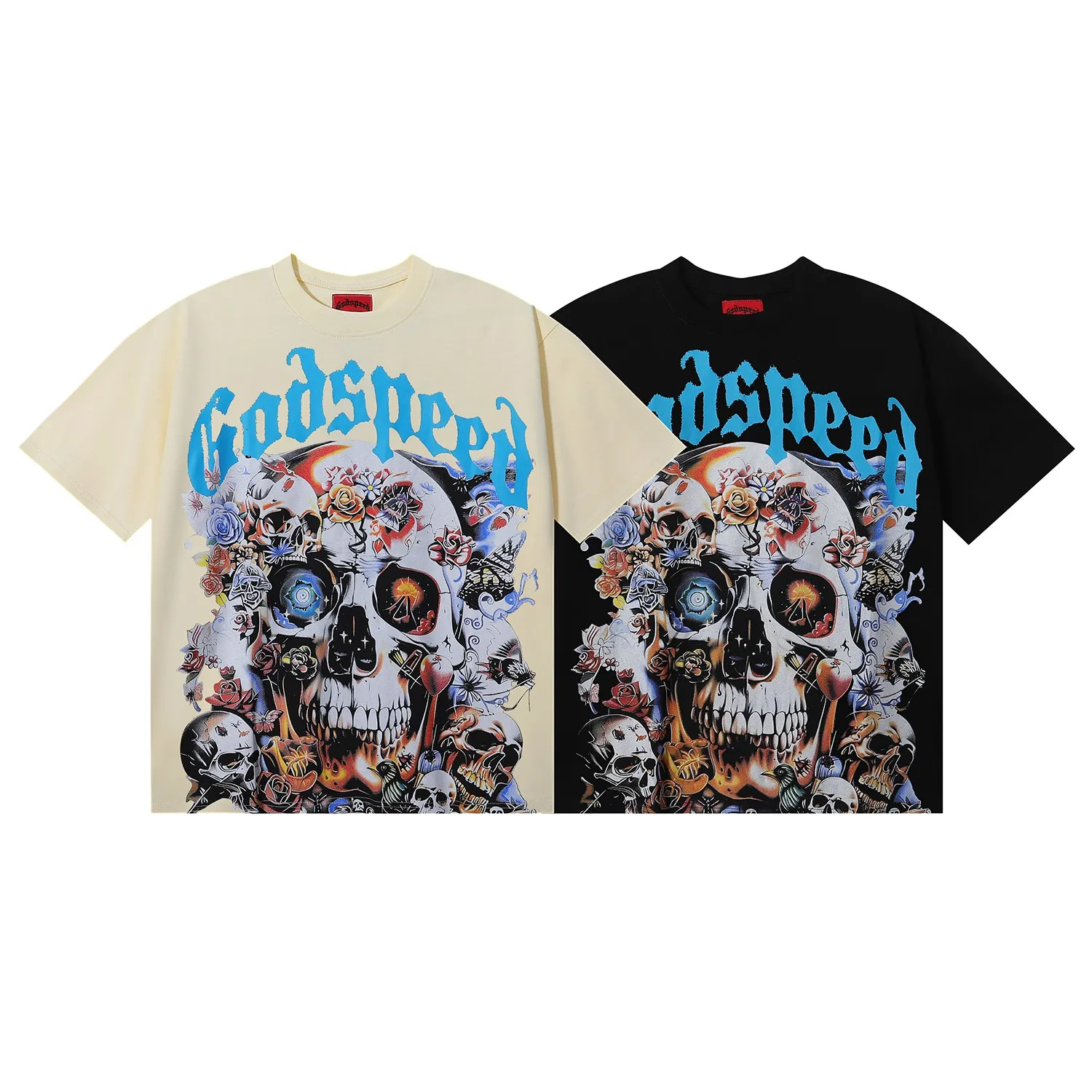 No. 7012, Mechao Godspeed skull rose high-definition printed high-quality double yarn pure cotton casual short-sleeved T-shirt batch 110 Color: black, apricot; Size: S M L XL