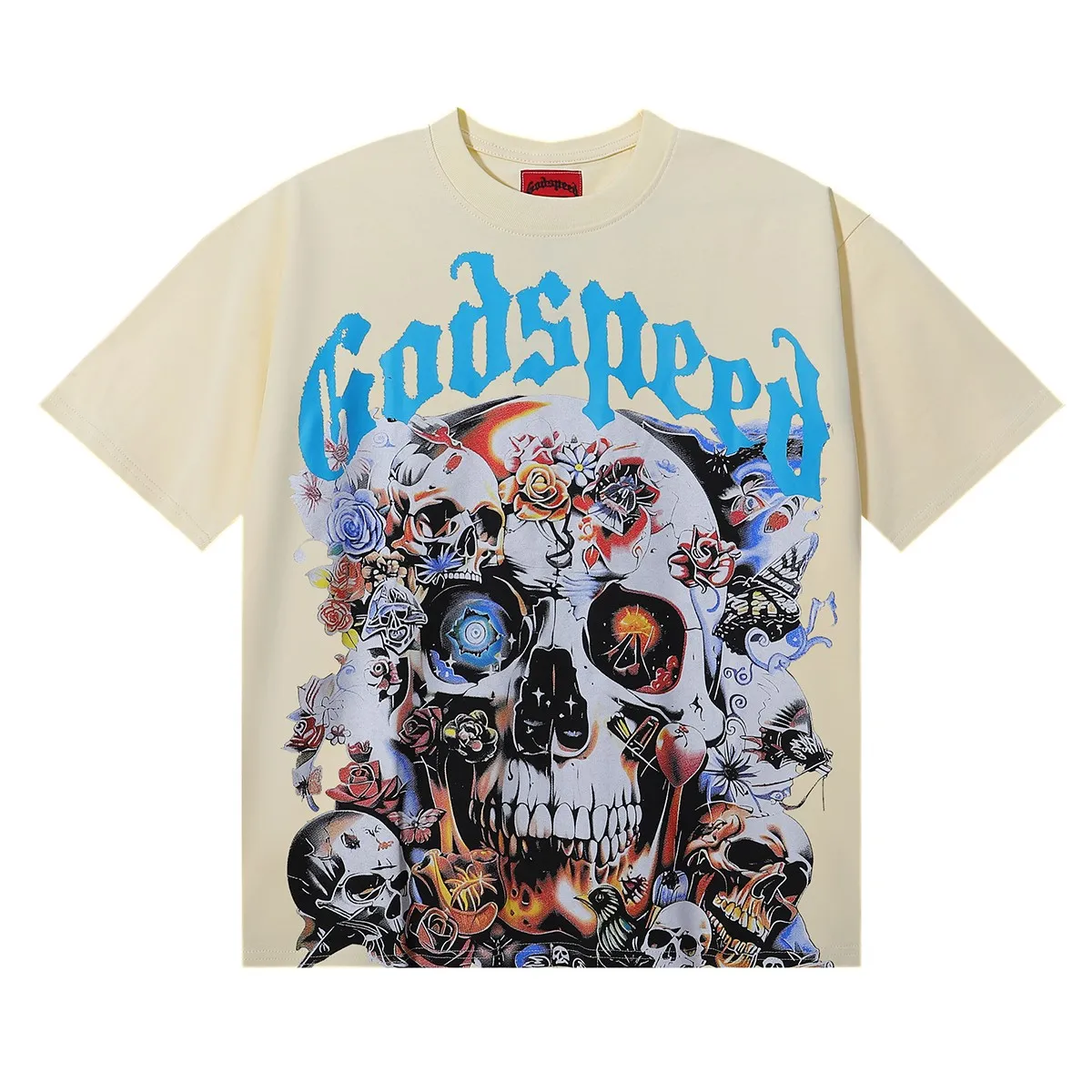 No. 7012, Mechao Godspeed skull rose high-definition printed high-quality double yarn pure cotton casual short-sleeved T-shirt batch 110 Color: black, apricot; Size: S M L XL