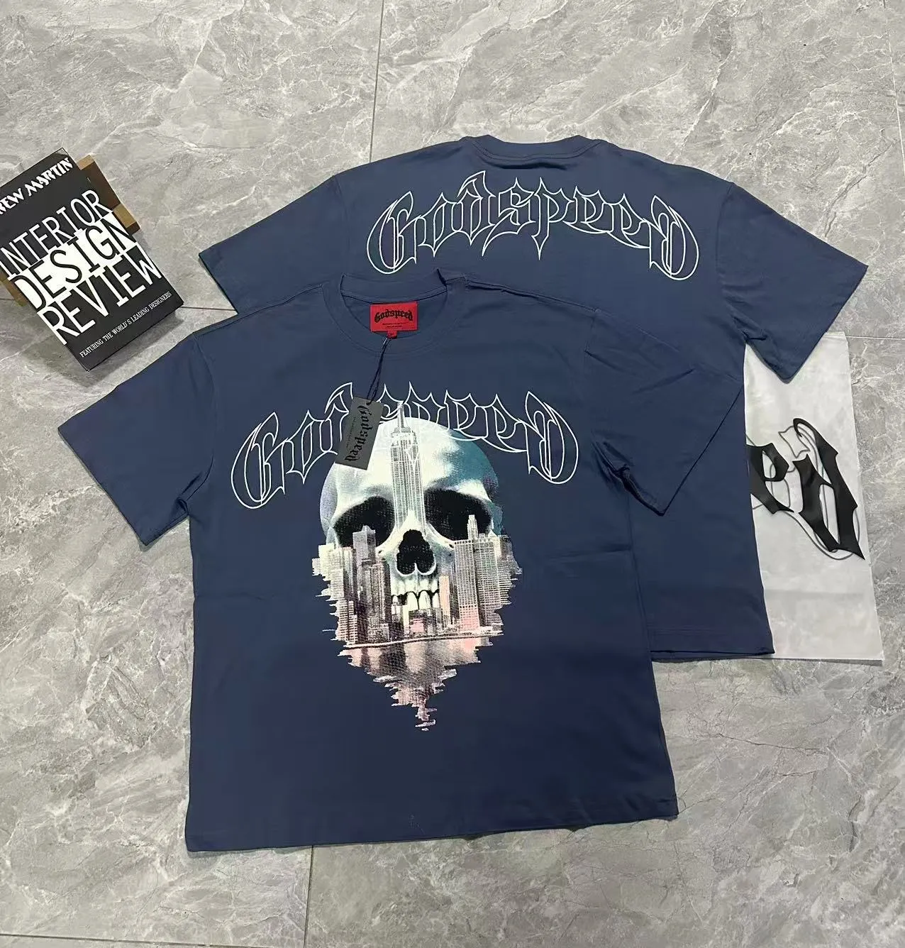 5087#seawater blue I P104 Godspeed cross-border American rock and roll street washed retro style short-sleeved T (craft printing) fabric (fabric) 32 combed double yarns 240 grams weight code number (size): S-M-L-XL color (colour): sea blue