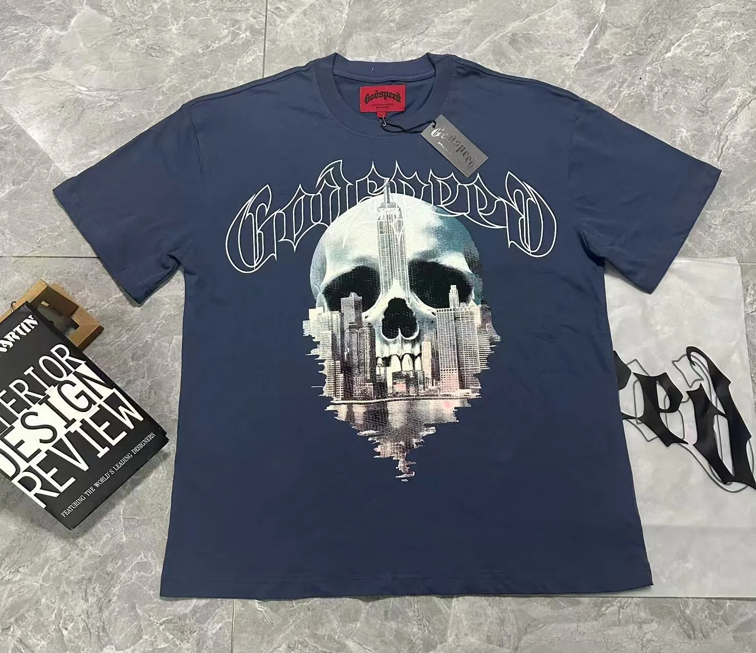 5087#seawater blue I P104 Godspeed cross-border American rock and roll street washed retro style short-sleeved T (craft printing) fabric (fabric) 32 combed double yarns 240 grams weight code number (size): S-M-L-XL color (colour): sea blue
