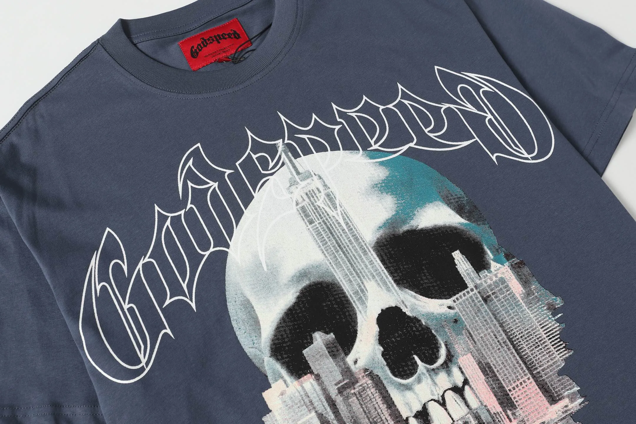 5087#seawater blue I P104 Godspeed cross-border American rock and roll street washed retro style short-sleeved T (craft printing) fabric (fabric) 32 combed double yarns 240 grams weight code number (size): S-M-L-XL color (colour): sea blue