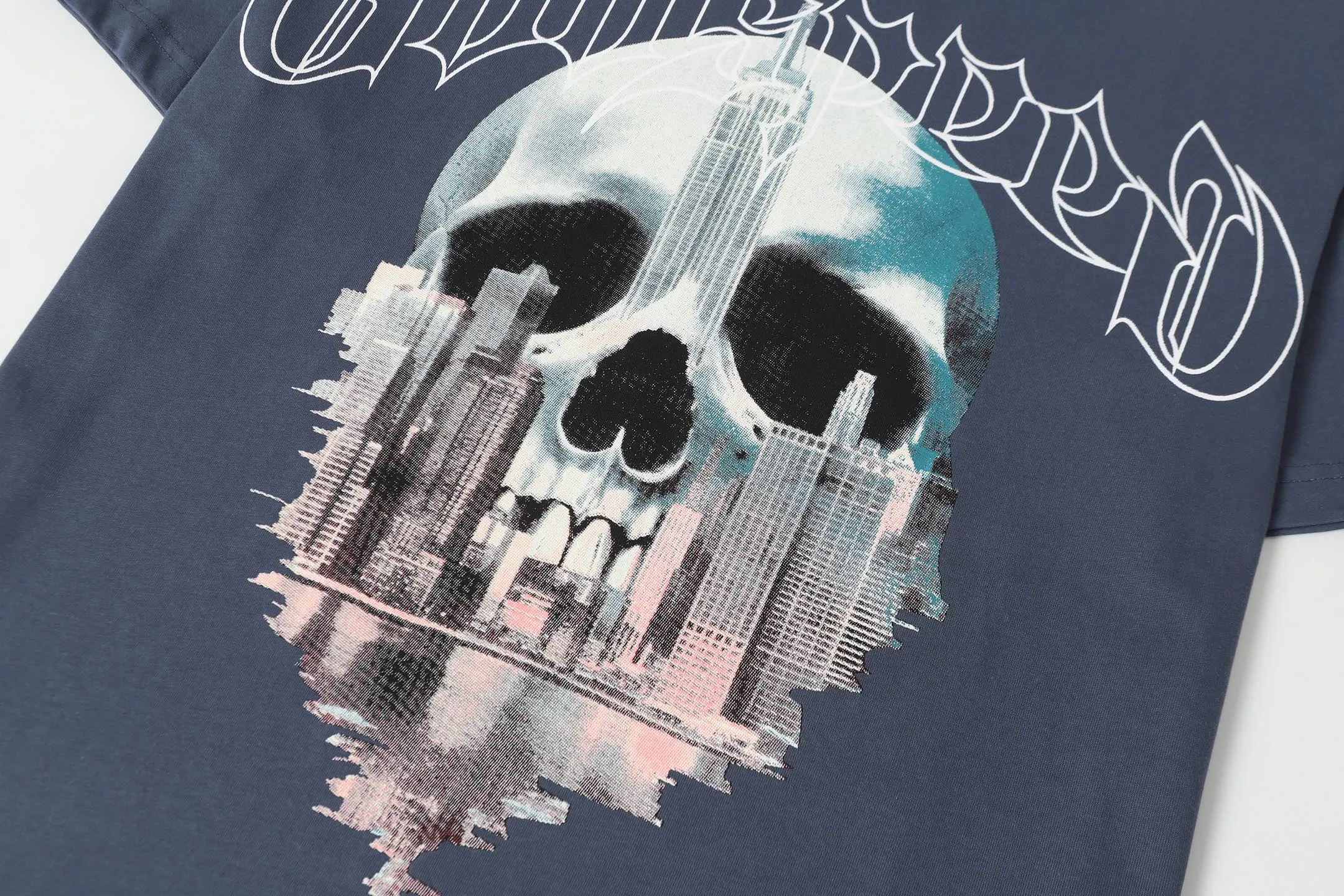 5087#seawater blue I P104 Godspeed cross-border American rock and roll street washed retro style short-sleeved T (craft printing) fabric (fabric) 32 combed double yarns 240 grams weight code number (size): S-M-L-XL color (colour): sea blue