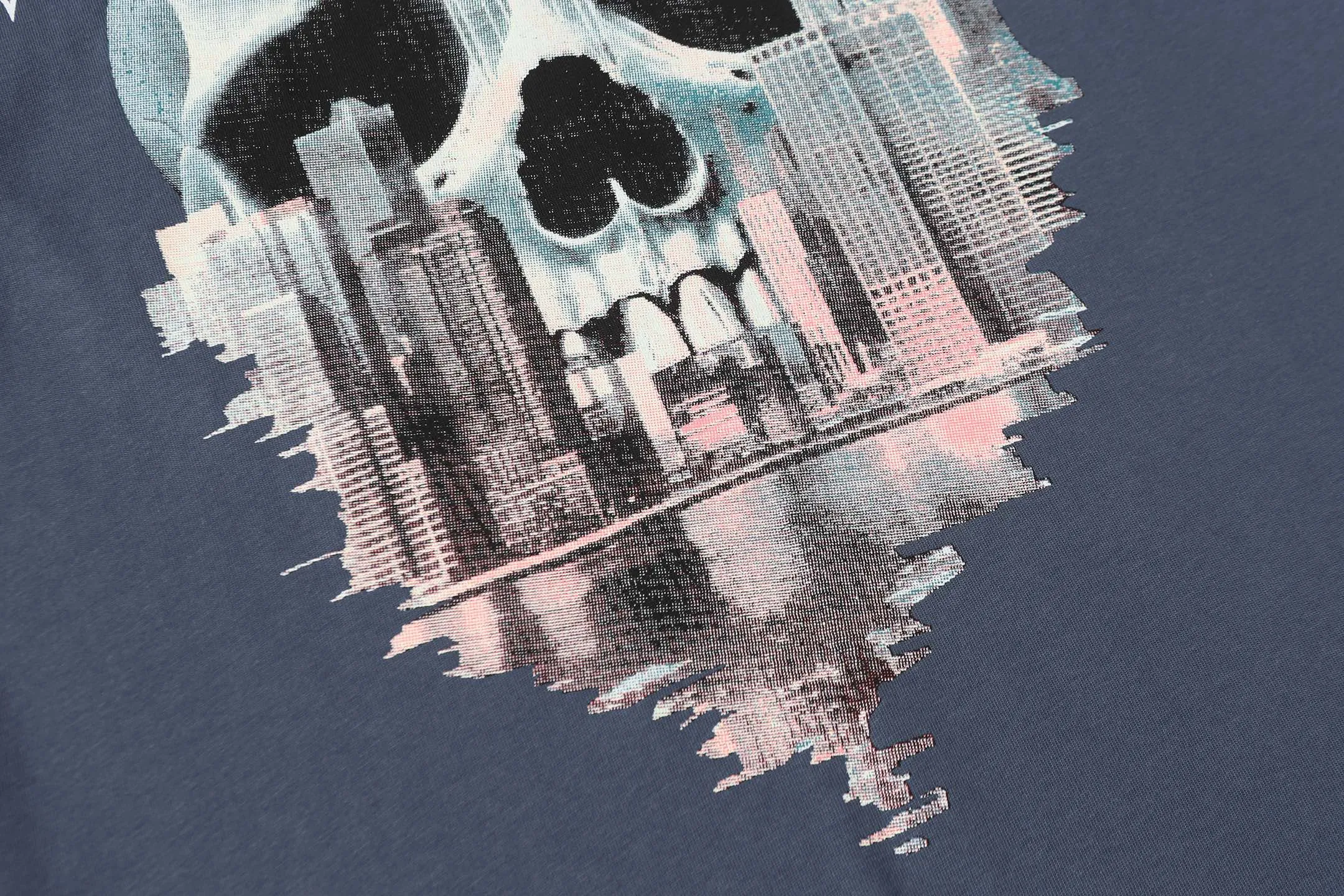 5087#seawater blue I P104 Godspeed cross-border American rock and roll street washed retro style short-sleeved T (craft printing) fabric (fabric) 32 combed double yarns 240 grams weight code number (size): S-M-L-XL color (colour): sea blue