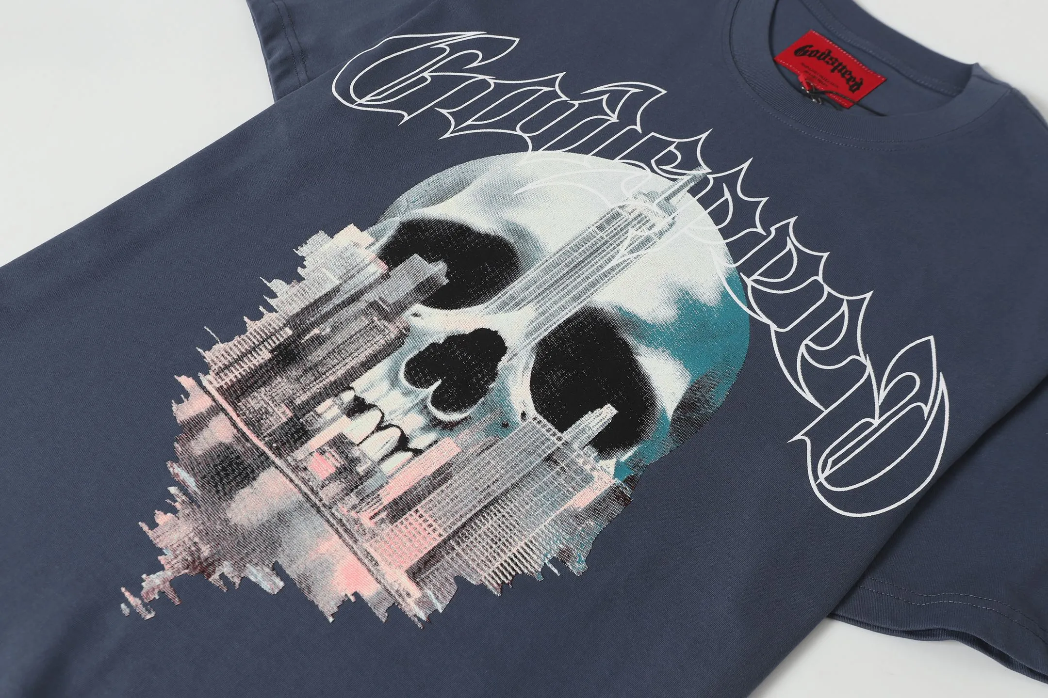 5087#seawater blue I P104 Godspeed cross-border American rock and roll street washed retro style short-sleeved T (craft printing) fabric (fabric) 32 combed double yarns 240 grams weight code number (size): S-M-L-XL color (colour): sea blue