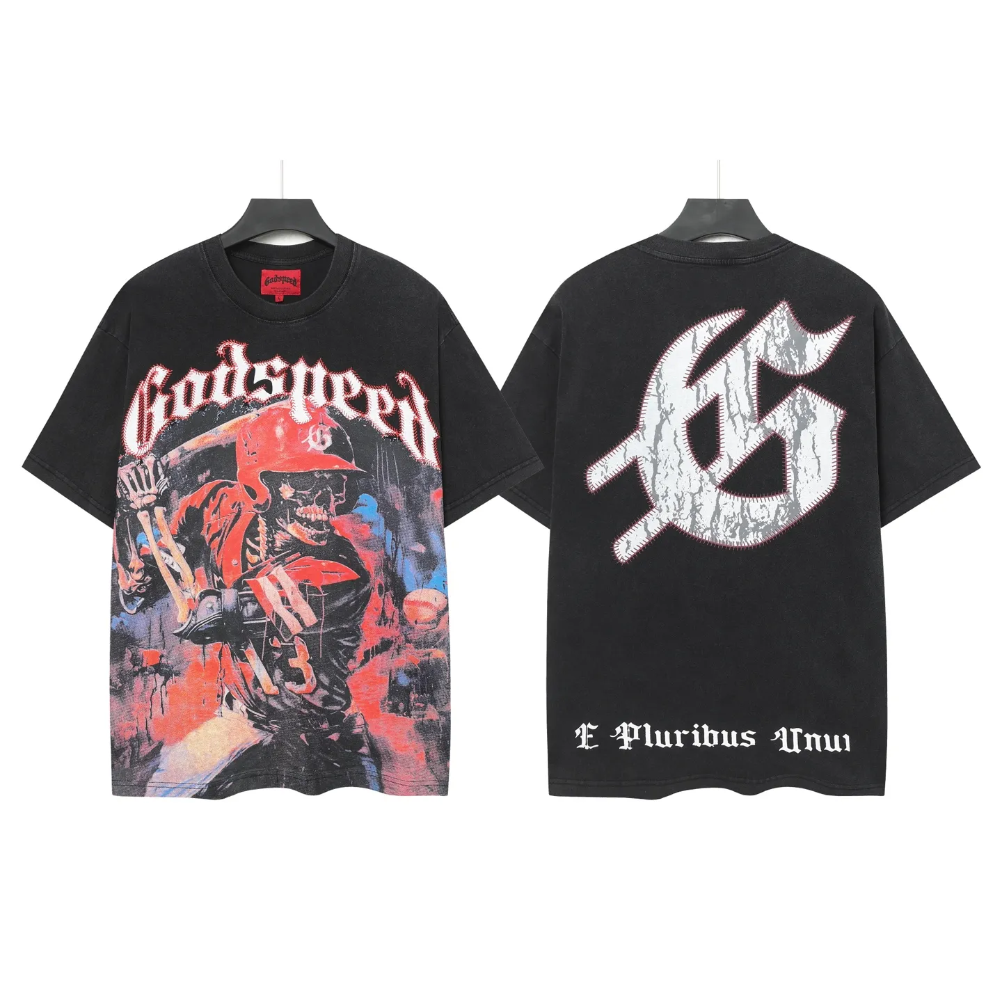 6068#washed black｜P116 Godspeed cross-border American rock and roll street washed retro style short-sleeved T (craft printing) fabric (fabric): 32 count combed double yarn 250g weight code number (size): S-M-L-XL color (colour): washed black