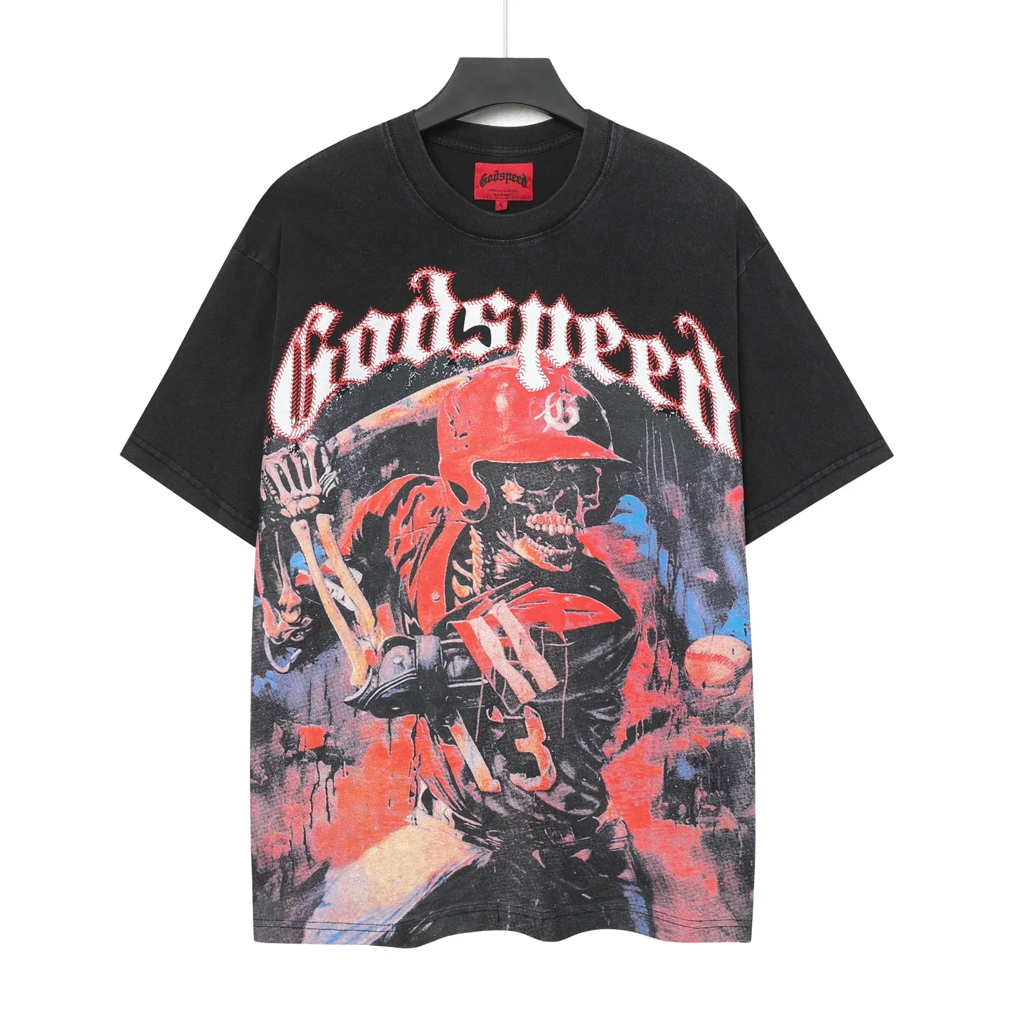 6068#washed black｜P116 Godspeed cross-border American rock and roll street washed retro style short-sleeved T (craft printing) fabric (fabric): 32 count combed double yarn 250g weight code number (size): S-M-L-XL color (colour): washed black