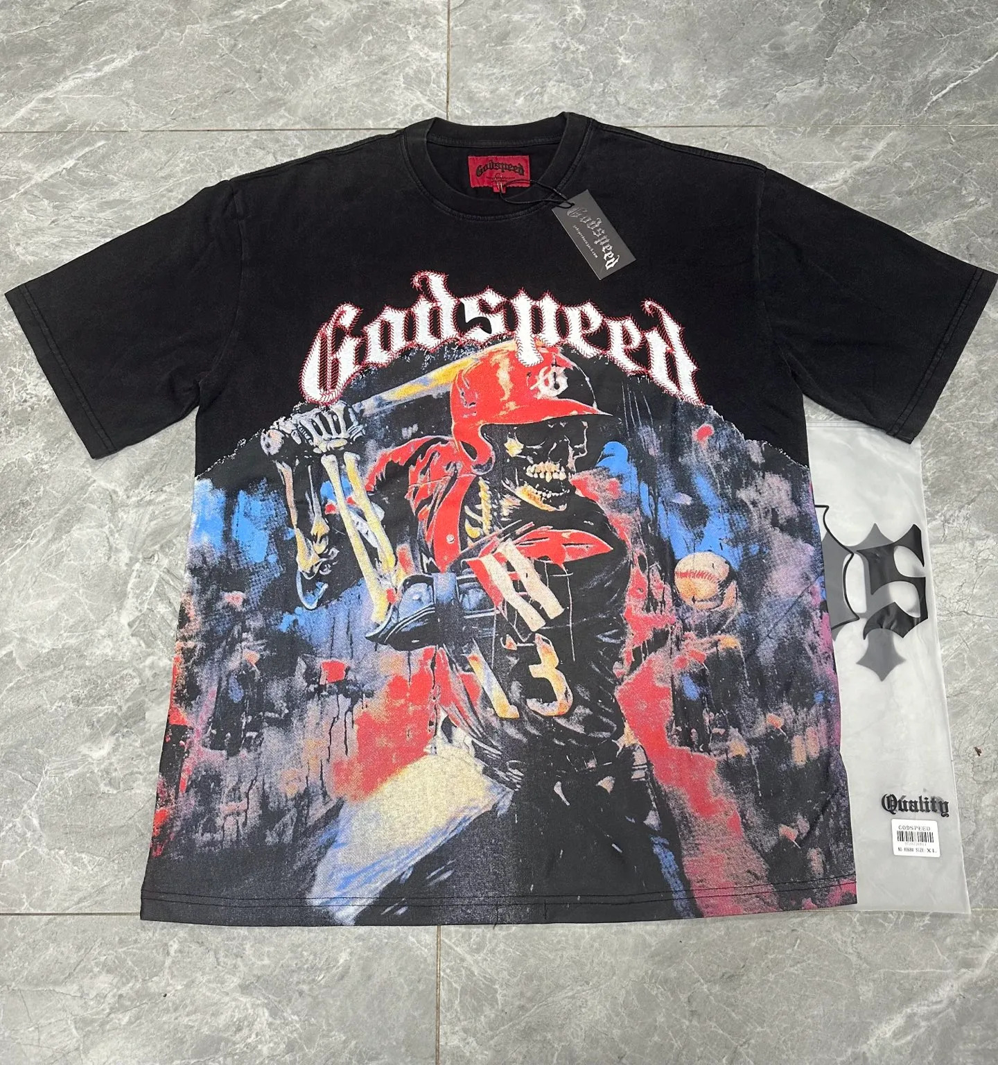 6068#washed black｜P116 Godspeed cross-border American rock and roll street washed retro style short-sleeved T (craft printing) fabric (fabric): 32 count combed double yarn 250g weight code number (size): S-M-L-XL color (colour): washed black