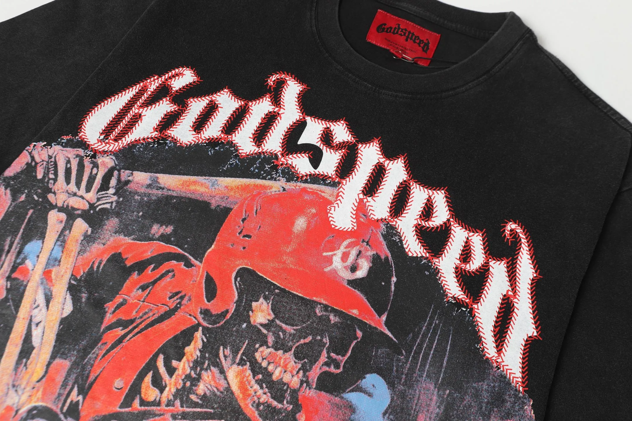 6068#washed black｜P116 Godspeed cross-border American rock and roll street washed retro style short-sleeved T (craft printing) fabric (fabric): 32 count combed double yarn 250g weight code number (size): S-M-L-XL color (colour): washed black