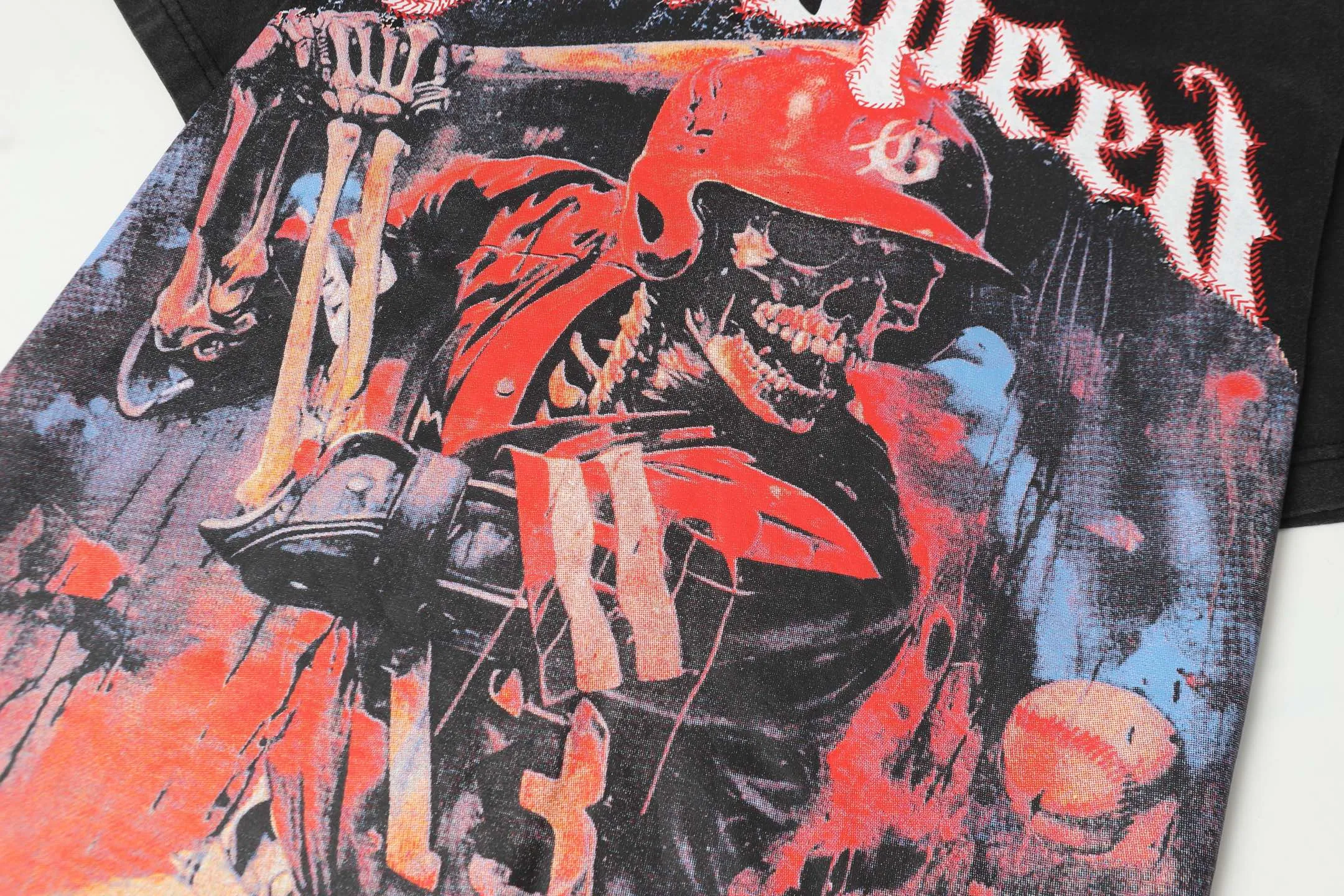 6068#washed black｜P116 Godspeed cross-border American rock and roll street washed retro style short-sleeved T (craft printing) fabric (fabric): 32 count combed double yarn 250g weight code number (size): S-M-L-XL color (colour): washed black