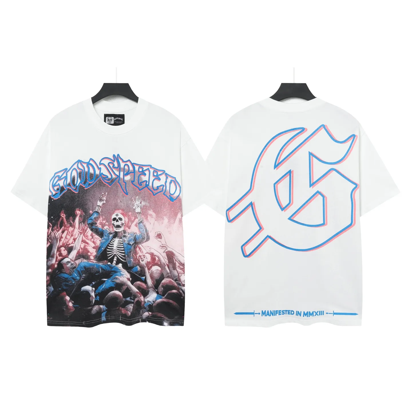 5058#｜P104 Godspeed cross-border American rock and roll street washed retro style short-sleeved T (craft printing) fabric (fabric): 32 count combed double yarn 240 grams weight code number (size): S-M-L-XL color (colour): white